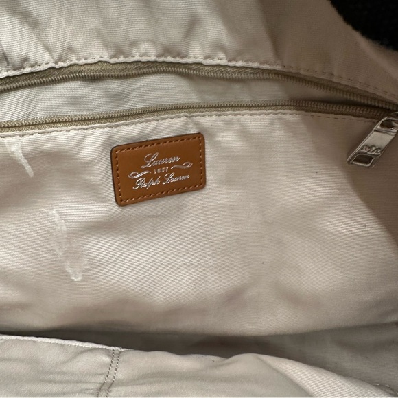 Lauren Ralph Lauren Black White Striped Canvas Tote Bag, Tan Base, Leather Trim - Picture 10 of 13